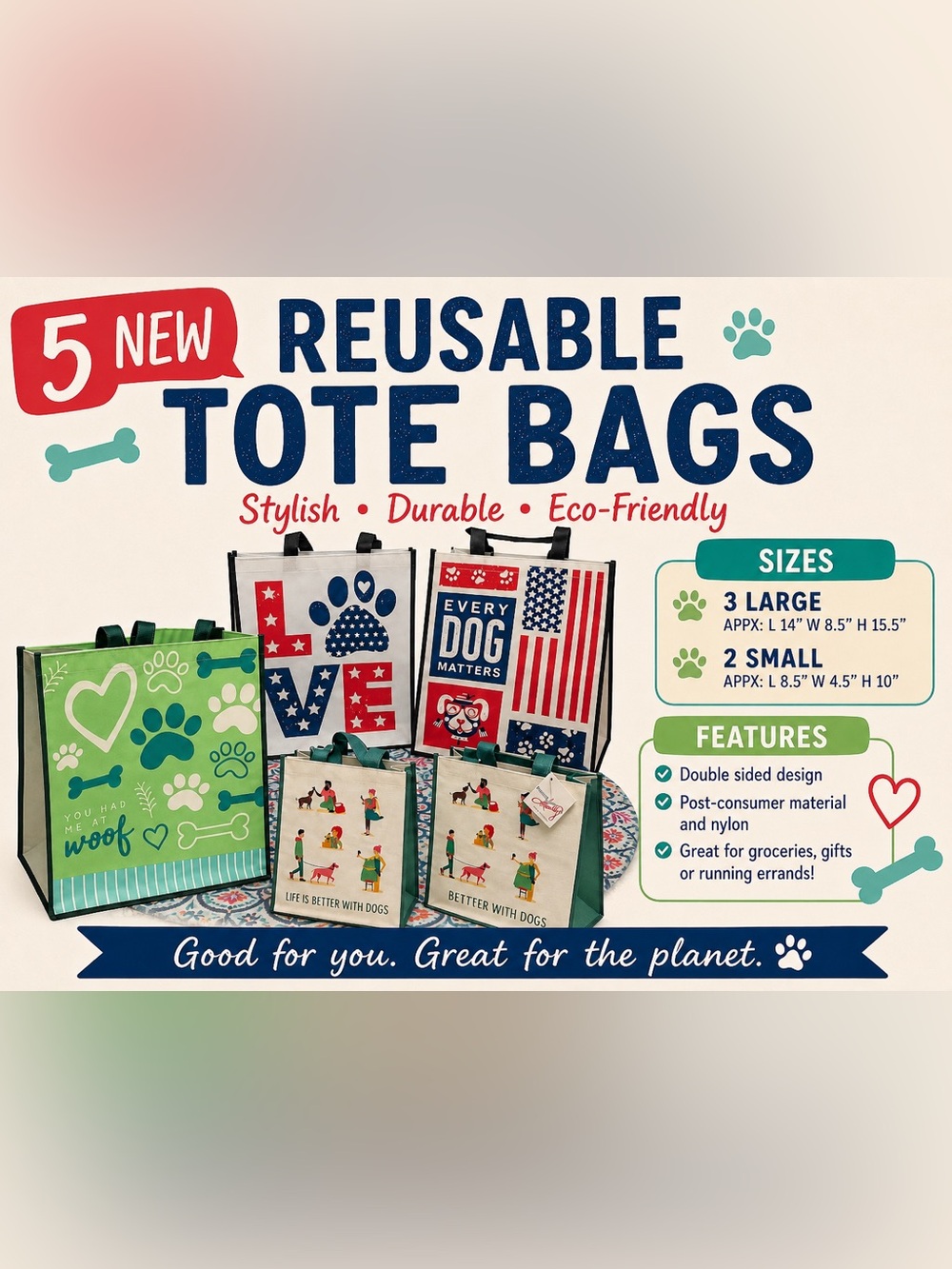 NEW—5 Reusable Tote Bags